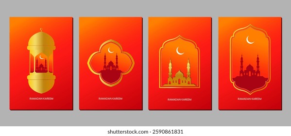 Ramadan Kareem background. Modern Islamic greeting card template and wallpaper design with a red background decorated with an illustration of a crescent moon mosque and lanterns.