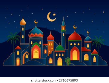 Ramadan Kareem background in a modern linear style. Islamic greeting card template with a city with palm trees. Vector poster illustration.