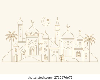 Ramadan Kareem background in a modern linear style. Islamic greeting card template with a city with palm trees. Vector poster illustration.