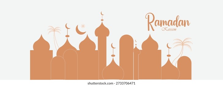 Ramadan Kareem Hintergrund in einem modernen linearen Stil. Islamische Grußkartenvorlage mit einer Stadt mit Palmen. Vektorpostergrafik.