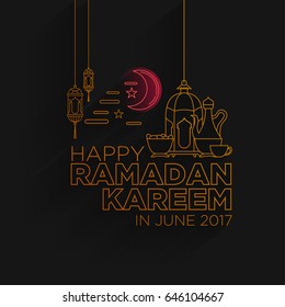 Ramadan Kareem background in mono line style with shadow for Ramadan mubarak Greeting card, invitation for muslim community. Vector illustration. Eps.10