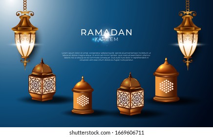 Ramadan Kareem Background with moon, lamp islamic and calligraphy