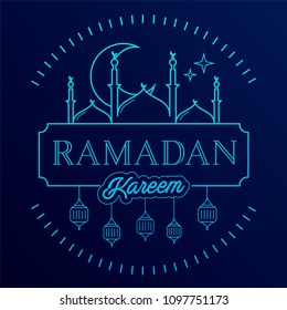 Ramadan Kareem background with moon, mosque and hanging lanterns. Linear style Ramadan mubarak Greeting card, invitation for muslim community with typography. Kadir Gecesi Vector illustration in mono 