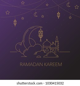 Fondo Ramadan Kareem con luna, estrellas, farol, mezquita en las nubes. Tarjeta de saludo Ramadan Mubarak, invitación a la comunidad musulmana. Ilustración del vector Kadir Gecesi en estilo mono-línea.