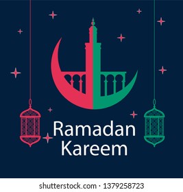 Ramadan Kareem background with moon, stars, mosque in the clouds. Ramadan mubarak Greeting card,  - Vector
