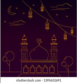 Ramadan Kareem background with moon, stars, lantern, mosque in the clouds. Ramadan mubarak Greeting card, invitation for muslim community. Kadir Gecesi Vector illustration in mono line style.