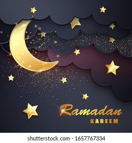 Ramadan Kareem background with moon, stars. Ramadan mubarak Greeting card, invitation for muslim community.