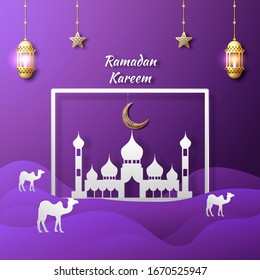 Ramadan Kareem background with moon, stars, lantern, mosque in the clouds. Ramadan mubarak Greeting card, invitation for muslim community. Vector illustration