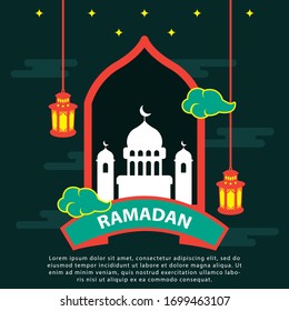 Ramadan Kareem background with moon,  stars,  lantern,  mosque in the clouds. Ramadan mubarak Greeting card.  invitation for muslim community 