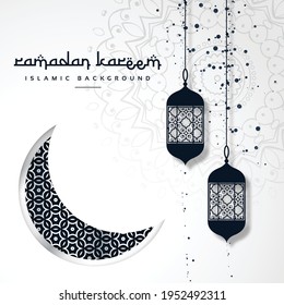Ramadan Kareem background with moon, stars, lantern, mosque in the clouds. Ramadan mubarak Greeting card, invitation for muslim community. Kadir Gecesi Vector illustration in mono line style.