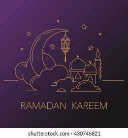 Ramadan Kareem background with moon, stars, lantern, mosque in the clouds.
Ramadan mubarak Greeting card, invitation for muslim community. Kadir Gecesi Vector illustration in mono line style. 