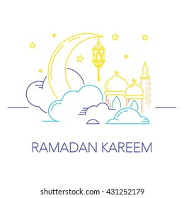 Ramadan fundo Kareem com lua, estrelas, lanterna, mesquita nas nuvens. Cartão Ramadan Mubarak, convite para a comunidade muçulmana. Ilustração Vector Kadir Gecesi em estilo de linha mono.