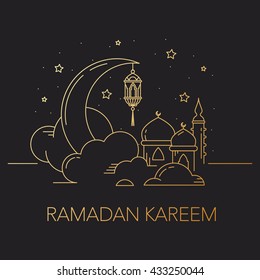 Ramadan Kareem background with moon, stars, lantern, mosque in the clouds. Ramadan mubarak Greeting card, invitation for muslim community. Kadir Gecesi Vector illustration in mono line style.