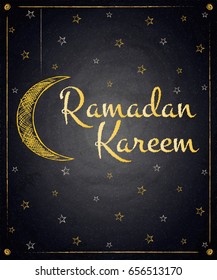 Ramadan Kareem background with moon and stars on blackboard. Vector illustration