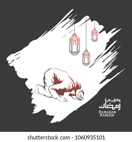 Ramadan Kareem background with moslem man praying and lantern. Vector Illustration