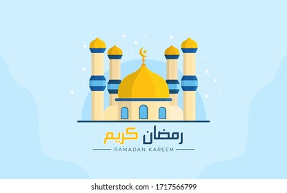 Ramadan Kareem background with mosque and arabic calligraphy means Ramadan Kareem. Islamic background for website header or landing page.