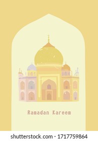 Ramadan Kareem background with the mosque. Close-up view through arabic arch. Ramadan Mubarak greeting card. Hand drawn vector illustration