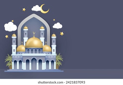 Ramadan Kareem background with mosque and crescent moon. Vector illustration.