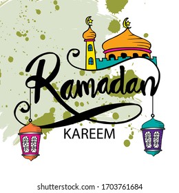 Fondo Ramadán kareem con mezquita y lámparas colgantes.