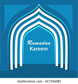 Ramadan Kareem background  with mosque interior with glowing effect. Text translation: Ramadan Kareem - May Generosity Bless you during the holy month