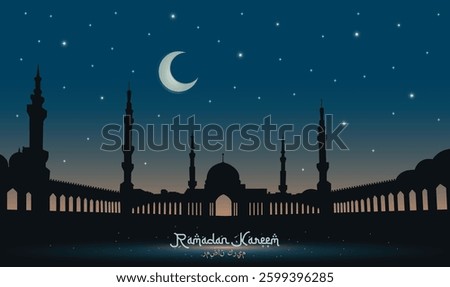 Ramadan Kareem background with mosque Masjid an Nabawi silhouette, crescent moon, and stars. Islamic night scene, spiritual Ramadan celebration, Arabic calligraphy, peaceful eve