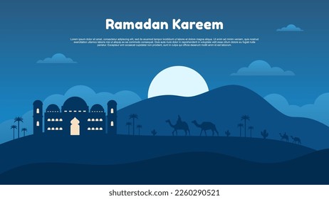 Fondo Ramadan kareem con mezquita, luna, montaña y gente en camellos por la noche,