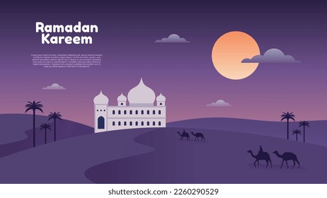 Fondo Ramadan kareem con mezquita, luna, desierto y gente en camellos por la noche,