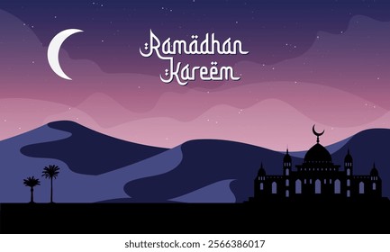 Ramadan Kareem background with mosque and moon. Vector illustration.