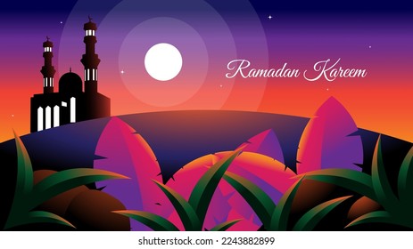 fondo ramadan kareem con mezquita y naturaleza en la ilustración nocturna