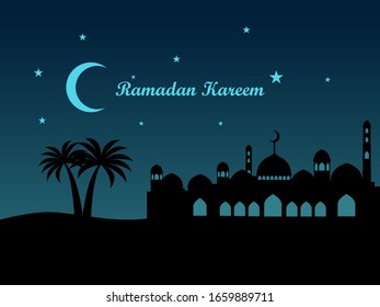 Fondo Ramadan Kareem con mezquita y palmeras
