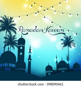 Ramadan Kareem background with mosque and palm tree.Vector