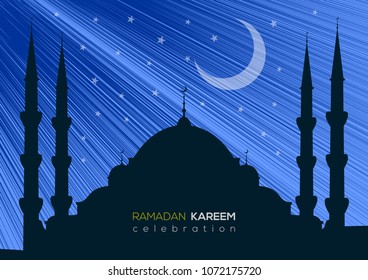 Ramadan Kareem background. Mosque in shiny blue night. Vector illustration.