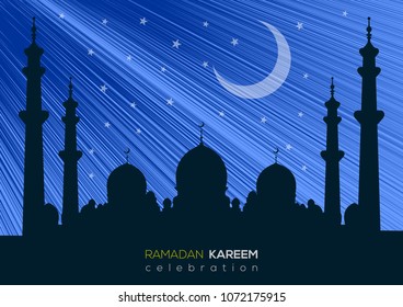 Ramadan Kareem background. Mosque in shiny blue night. Vector illustration.