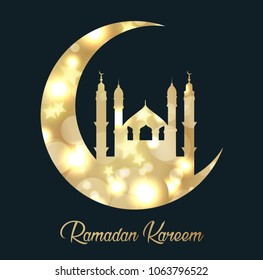 Ramadan Kareem background with mosque silhouette in crescent
