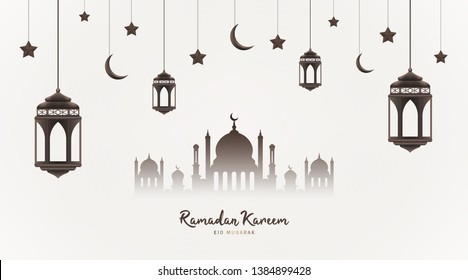 Ramadan Kareem background. Mosque silhouette with hanging lanterns, crescents and stars. Muslim feast of the holy month. Eid Mubarak greeting card template for Ramadan and Muslim Holidays