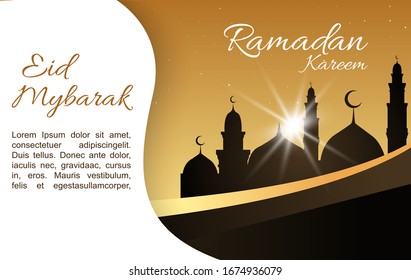 Ramadan Kareem background with mosque silhouette and watercolor background. Arabic calligraphy with colorful crescent Islamic banner, against the of the night sky, with green with blue. Bright colours