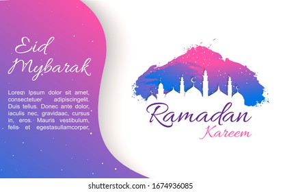 Ramadan Kareem background with mosque silhouette and watercolor background. Arabic calligraphy with colorful crescent Islamic banner, against the of the night sky, with green with blue. Bright colours