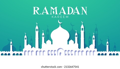 Ramadan Kareem background with mosque silhouette. Islamic holiday design