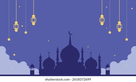 Ramadan Kareem Background with Mosque Silhouette and Lanterns