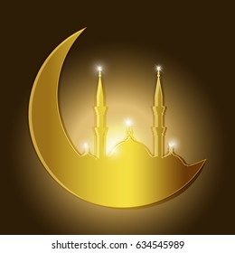 Ramadan Kareem background with mosque silhouette in a crescent moon