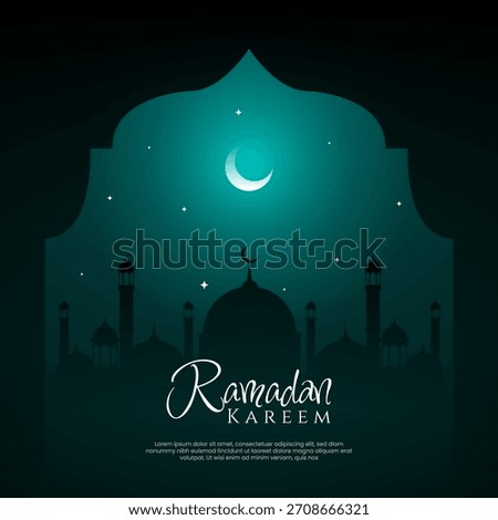 Ramadan Kareem background with mosque silhouette, night sky and islamic gate. perfect for islamic festival greeting cards, social media posts, and cultural event flyers.