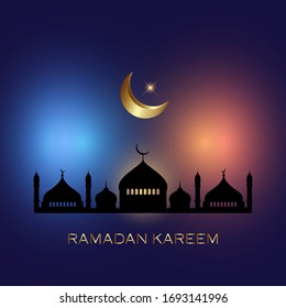 Ramadan Kareem background with mosque silhouettes and gold crescent