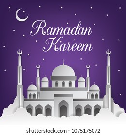 Ramadan Kareem Background with Mosque Vector Illustration. Ramadan Kareem Greeting Card. Paper Art and Craft Style.