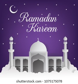 Ramadan Kareem Background with Mosque Vector Illustration. Ramadan Kareem Greeting Card. Paper Art and Craft Style.