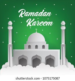 Ramadan Kareem Background with Mosque Vector Illustration. Ramadan Kareem Greeting Card. Paper Art and Craft Style.