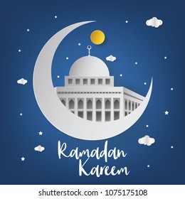 Ramadan Kareem Background with Mosque Vector Illustration. Ramadan Kareem Greeting Card. Paper Art and Craft Style.