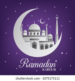 Ramadan Kareem Background with Mosque Vector Illustration. Ramadan Kareem Greeting Card. Paper Art and Craft Style.