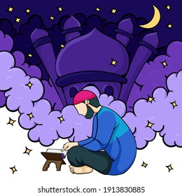 ramadan kareem background with muslim man reading quran illustration