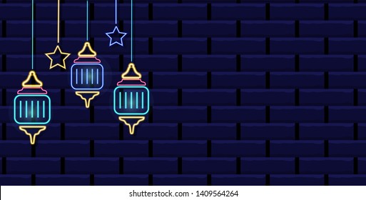 Ramadan Kareem background with neon crescent moon, lanterns and stars decoration. For web banner, flyer, discount offer, invitation