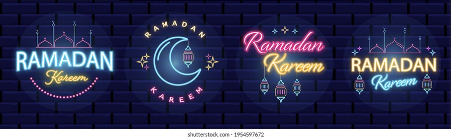 Ramadan Kareem background with neon crescent moon, lanterns and stars decoration. For web banner, flyer, discount offer, invitation